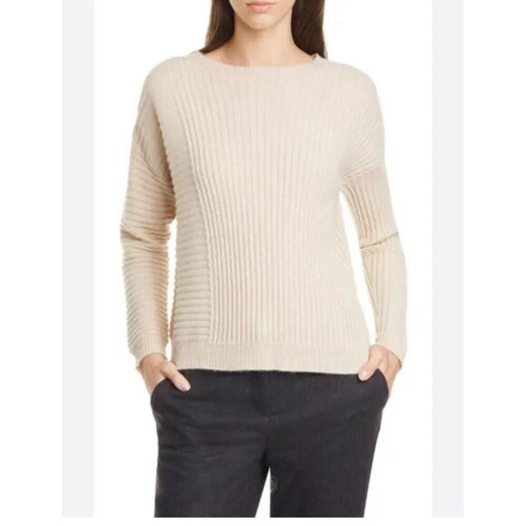 $398 Eileen Fisher Women's Bateau Neck Ribbed Cashmere Sweater Oatmeal Size XS - Picture 1 of 8